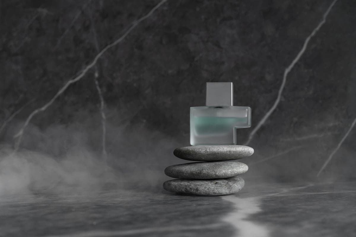 Two fragrance bottles side by side on dark marble