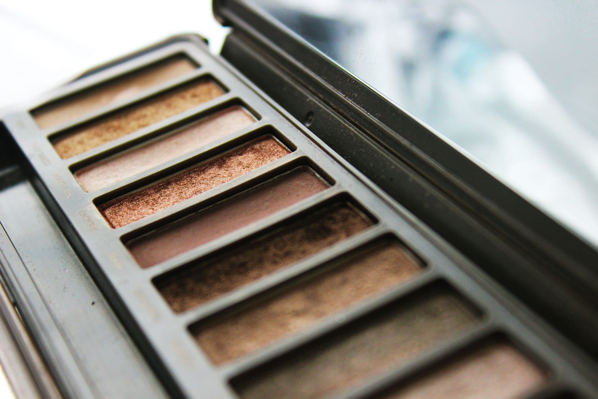 An open eyeshadow palette in neutral shades