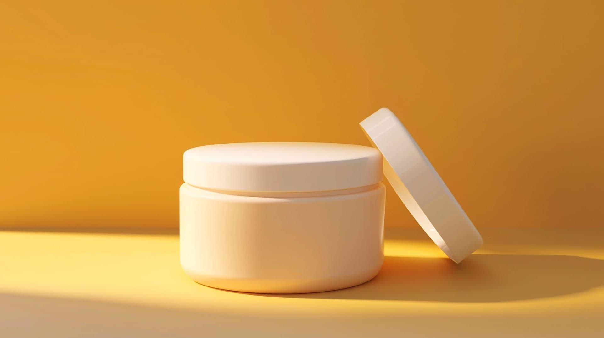 An unlabeled white cream jar on an amber background